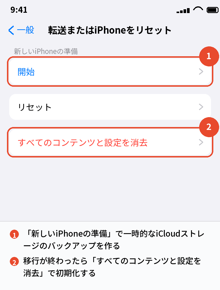 「転送またはiPhoneをリセット」の画面(初期化)