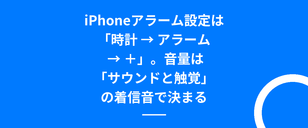 iPhoneアラーム設定は「時計 → アラーム → ＋」。音量は「サウンドと触覚」の着信音で決まる