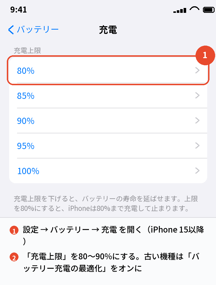iPhone 15以降は充電上限を80%にできる
