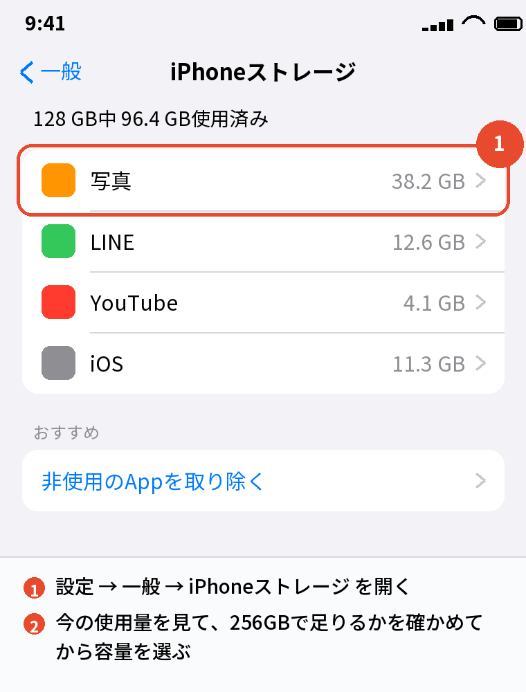 設定 → 一般 → iPhoneストレージで今の使用量を見る